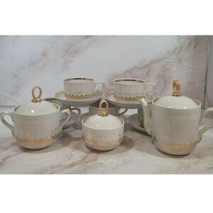 Vintage 13 pc. Lusterware Tea Pot Tea Set Cups & Saucers Golden Porcelain MCM